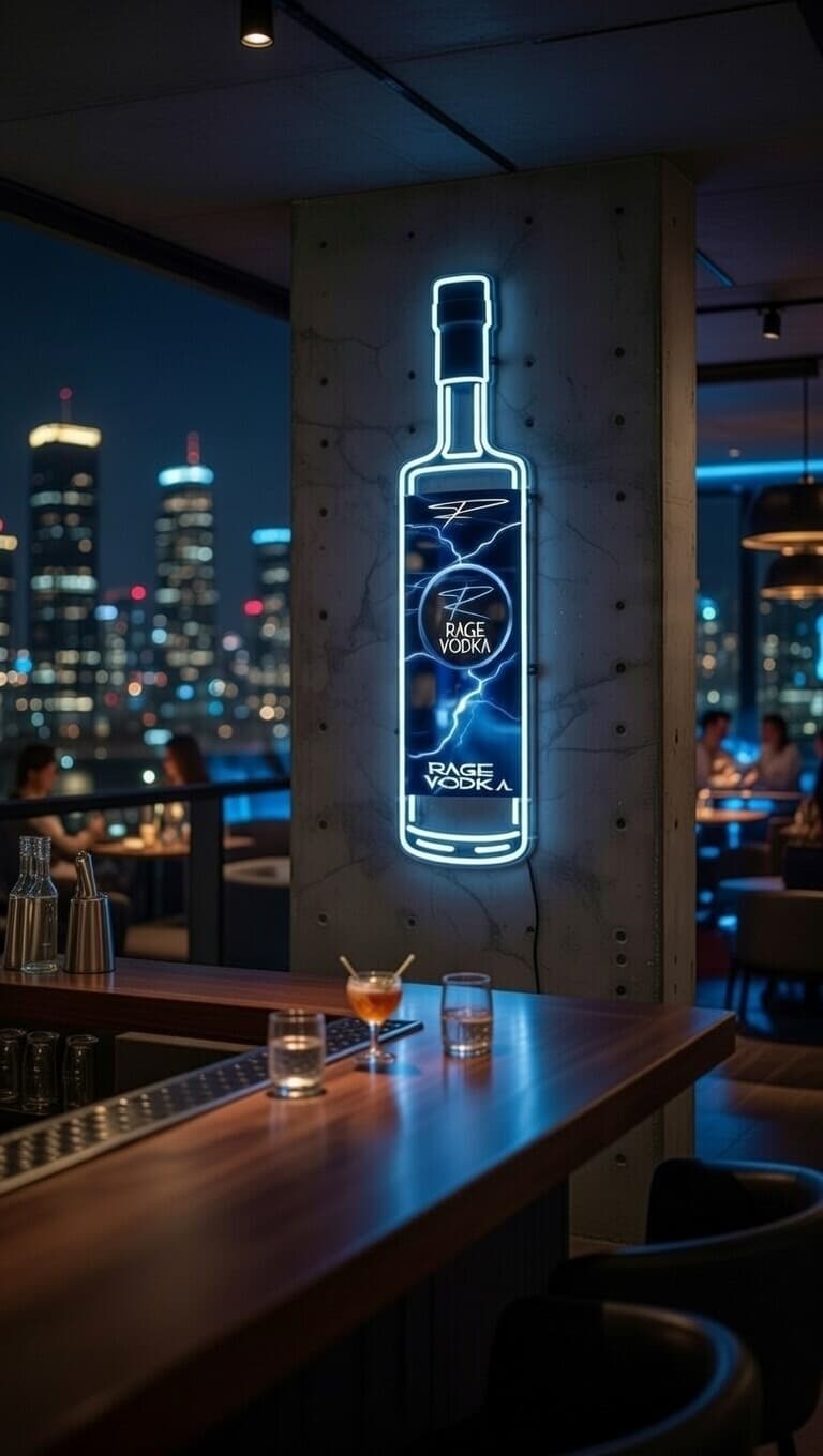Rage Vodka neon bottle sign in a rooftop bar