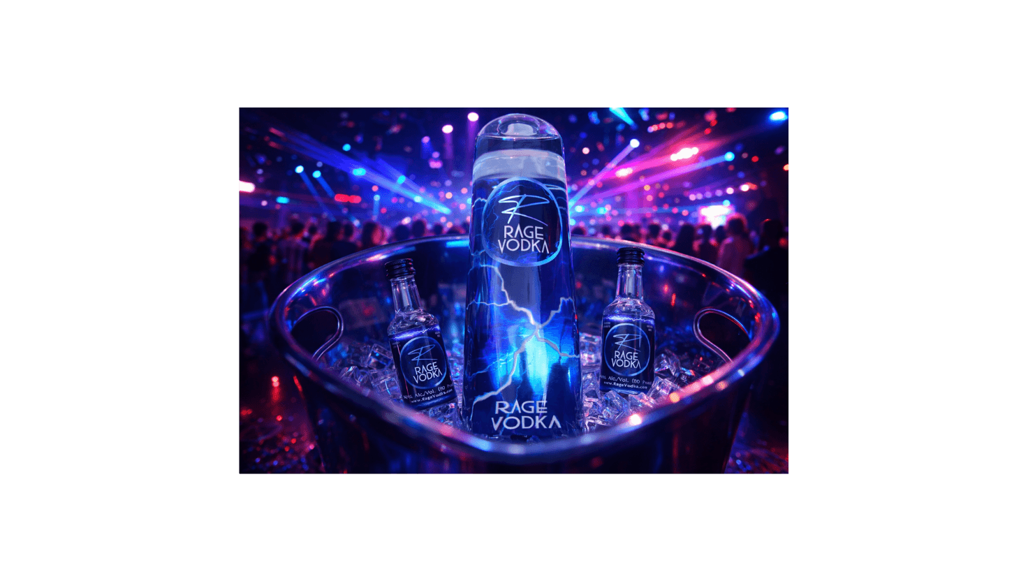 Rage Vodka bottles in an ice bucket with electric blue lighting