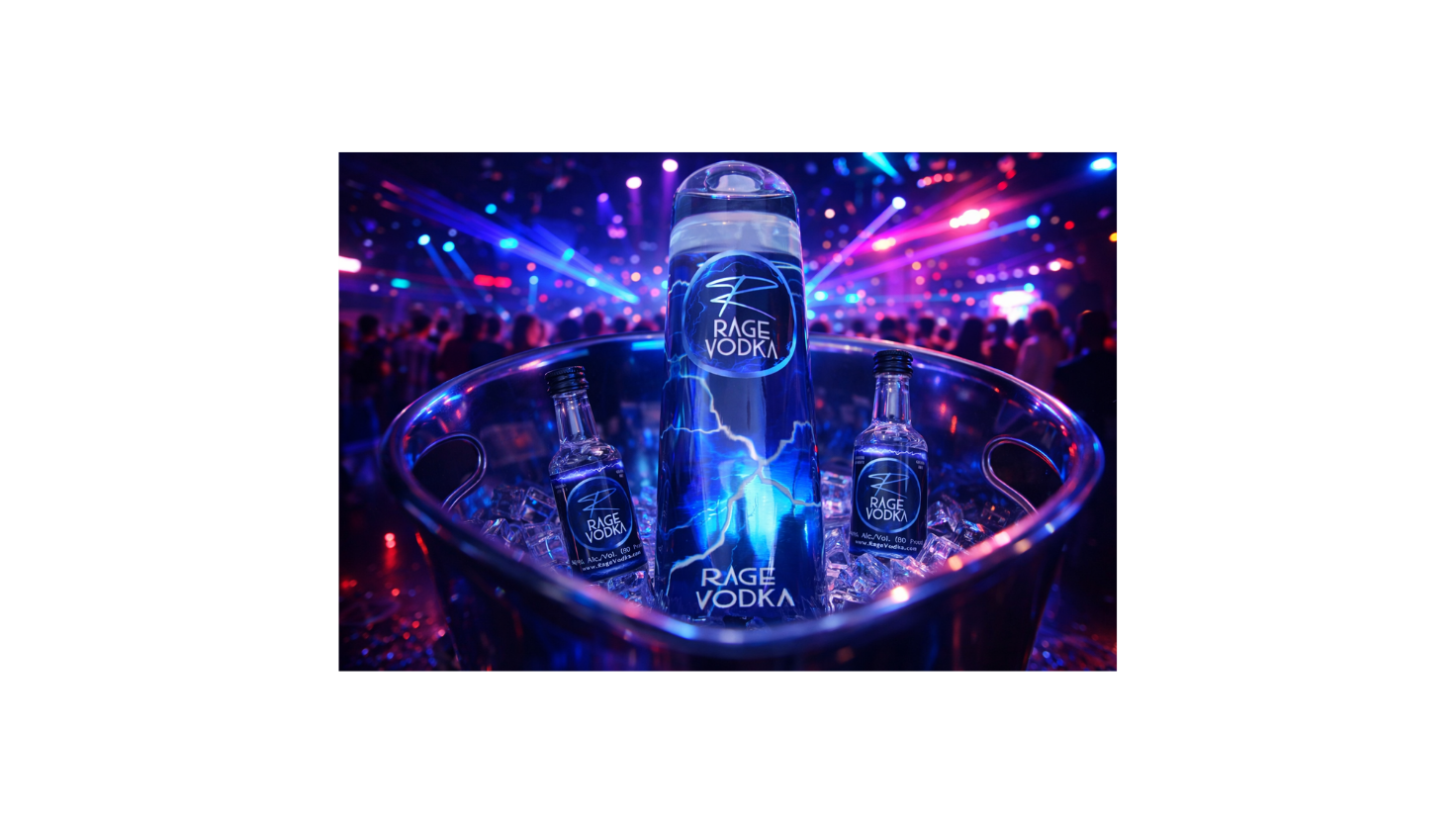 Rage Vodka bottles in an ice bucket with electric blue lighting